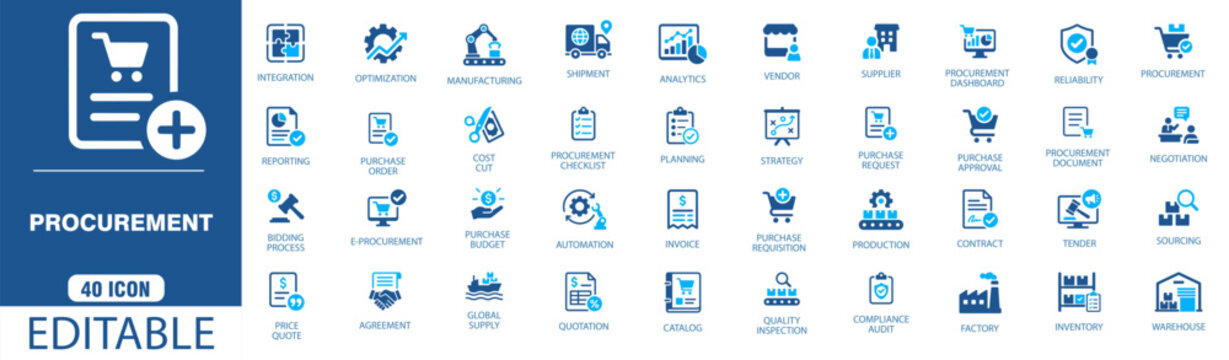 Set of 40 procurement and supply chain management icons vector illustration of business purchasing, logistics, inventory, and vendor management symbols for web and mobile applications