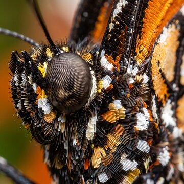 Extreme macro close-up of a butterfly head, focusing on the intricate textures of the compound eye, velvety dark fur, and vibrant orange, black, and white scale patterns on its wings.