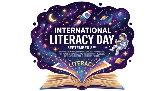 International literacy day banner with open book astronaut reading and rocket in outer space galaxy