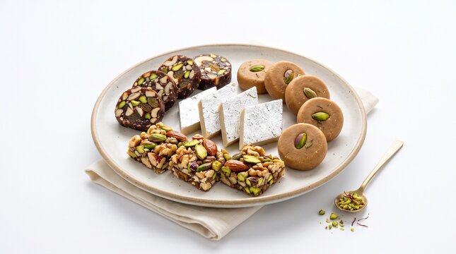 Traditional indian sweets assortment featuring kaju katli and dry fruit rolls arranged artistically on a white plate with golden spoon