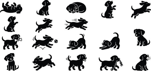 Obraz premium Set of cute puppy silhouettes in various playful poses isolated on a white background