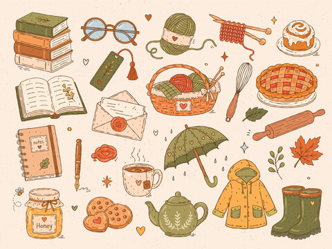 Cozy Autumn hobbies hand-drawn vector set with books, knitting, baking, journaling, tea time, apple pie, umbrella and cozy fall essentials in cute hand drawn style with soft earthy color palette