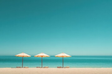 Fototapeta premium Three Open Straw Beach Umbrellas on Empty Sandy Shore with Clear Blue Ocean Horizon
