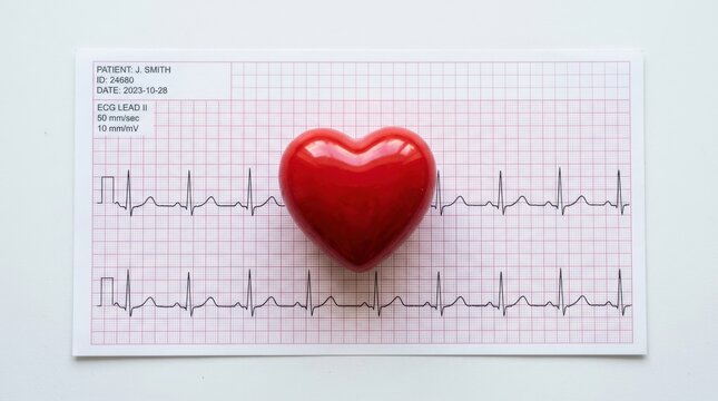 Red heart on electrocardiogram ecg printout, symbolizing heart health monitoring and cardiology, isolated on white background