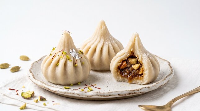 Traditional modak dumplings filled with dry fruits and nuts displayed on a ceramic plate for the Indian Ganesh Chaturthi festival