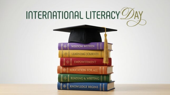 International literacy day concept with stack of colorful books and graduation cap on wooden table