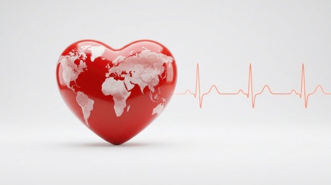 Global heart health concept with a red heart showing a world map and an ecg line, isolated on white background
