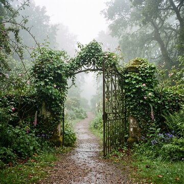 An atmospheric, misty path leads through an ornate, ivy-covered iron gate into a lush, mysterious garden forest on a damp, overcast day