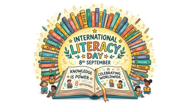 International literacy day 8th september vector illustration with children reading and colorful arch of books