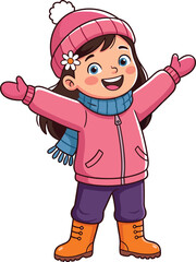 Cute Cartoon Girl Wearing Warm Winter Clothes, Hat, and Scarf for Cold Season, Outdoor Play, and Happy Childhood Holiday Concept Vector Illustration
