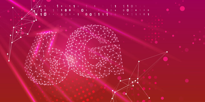 Abstract 6G network connectivity concept featuring interconnected dots and lines forming 6G, alongside visible binary code, representing future wireless communication technology.