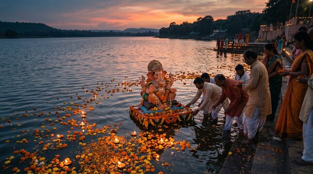 People performing traditional ganesha idol immersion at sunset