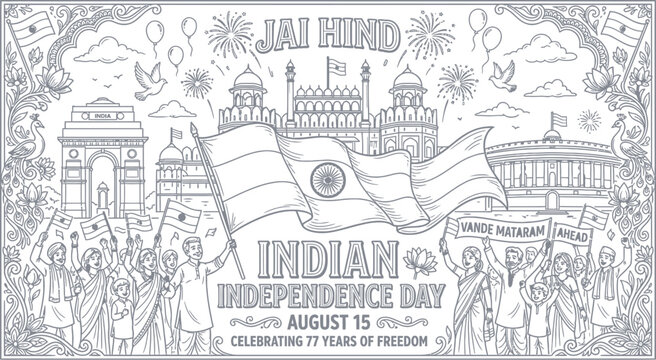 Indian Independence Day line art illustration, August 15 celebration with national monuments and flag, Jai Hind and Vande Mataram typography vector