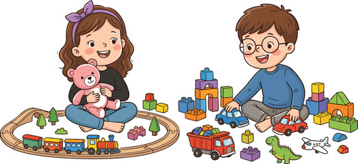 Obraz premium Cute Cartoon Kids Playing with Toys in Playroom for Childhood Game, Kindergarten Activities, Toy Train Track, and Building Blocks Vector Illustration