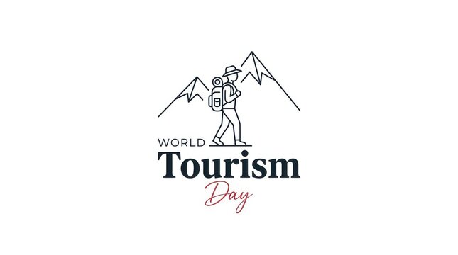 Minimalist world tourism day logo design with hiker and mountains