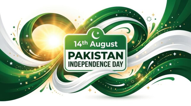 Abstract 14th august pakistan independence day background with green dynamic ribbons, golden light, and badge design