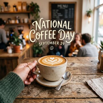 A first-person view of a steaming cup of latte art coffee on a rustic wooden table in a cozy cafe, celebrating National Coffee Day on September 29th with a soft-focus background of patrons.