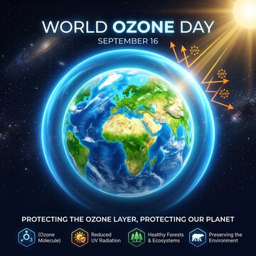 Educational World Ozone Day graphic depicting the Earth protected by an atmospheric ozone layer shield, reflecting harmful solar UV radiation against a deep space background with environmental icons.