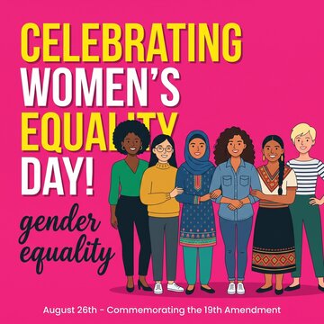 A vibrant graphic poster celebrating Women's Equality Day with diverse, multicultural women standing together against a bright pink background, commemorating the 19th Amendment.