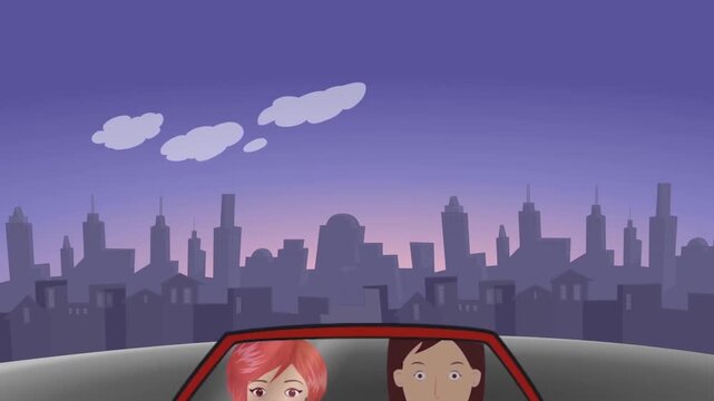 2D animation front view of a couple driving in a red convertible car along a city road during dusk or twilight