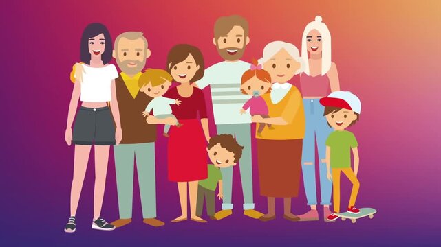 2D animation of a diverse multi-generational family standing together portrait gradient background family unity concept