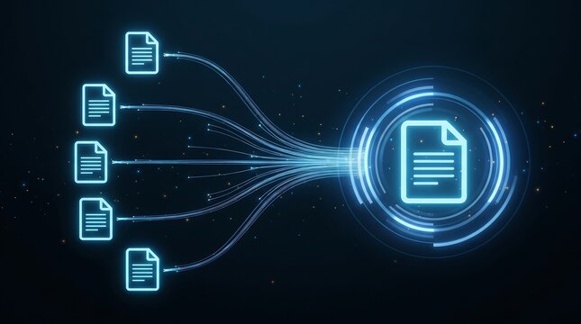 Digital document icons merging into central glowing hub representing streamlined data workflow and information processing in modern network systems 3d render