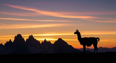 Obraz premium Llama silhouetted against a dramatic sunset over mountain peaks, vibrant sky