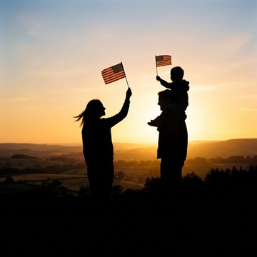 Silhouetted family of a mother and her child held by a father standing outdoors against a golden sunset sky while waving miniature American flags in a patriotic celebration of freedom and heritage