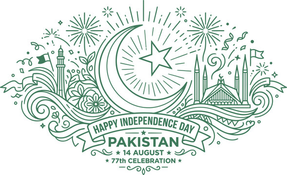 Pakistan Independence Day 14 August 77th Celebration, Green Line Art Vector Illustration, Crescent Moon and Star with Faisal Mosque and Fireworks