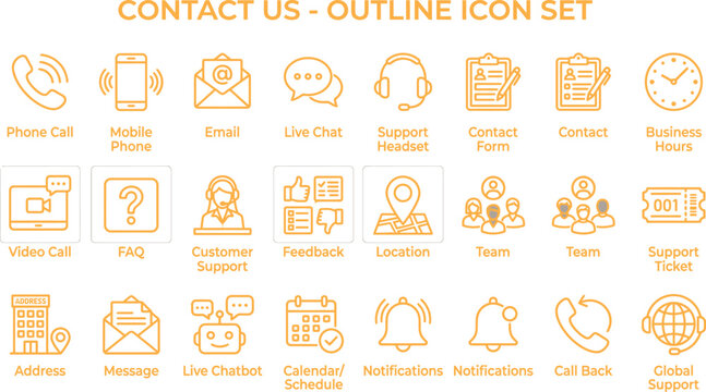 Contact us outline icon set collection for business communication with communication customer business feedback location notifications collection marketing corporate interface editable