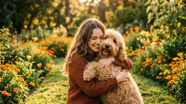 Happy young woman embracing her adorable golden doodle dog in a beautiful sunlit field of orange and yellow flowers