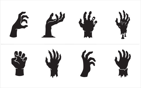 A collection of ultra-minimal zombie hand silhouettes in a vector illustration.