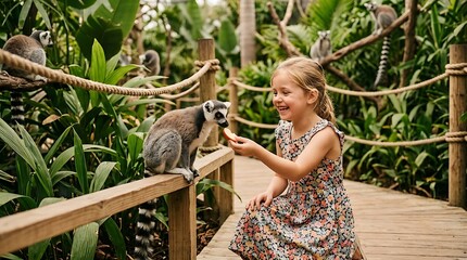 Fototapeta premium Girl feeding lemur fruit in zoo. Happy child interacting with wild animal in wildlife park. Education about nature and diverse species. Childhood experience and connection to environment.