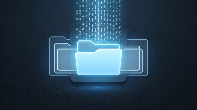 Central data storage system visualization with a glowing folder icon against a backdrop of binary digits and digital circuit nodes for professional IT and cybersecurity concepts