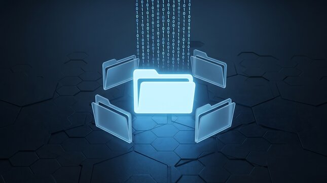 Digital file folder icon surrounded by multiple transparent folders on dark technological background with binary code representing organized data structures and storage