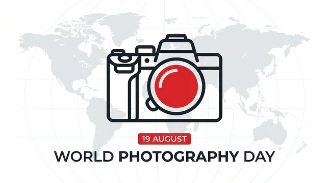 World photography day 19 august banner with camera icon and world map background