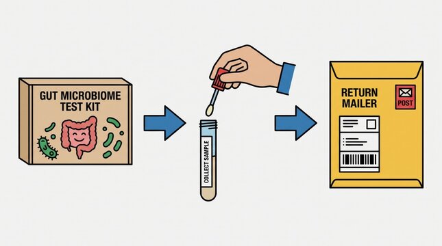 Personalized Gut Nutrition concept. Gut microbiome test kit with sample collection and mail return process.