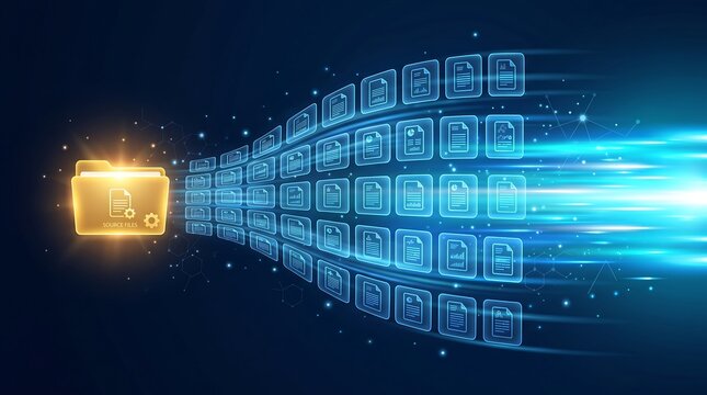 Yellow folder icon with source files label emitting a vast stream of glowing blue document icons on dark background symbolizing data processing and digital expansion