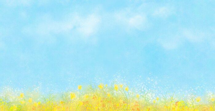 横に繋げて使えるシームレスな青空と花畑 リピート背景素材