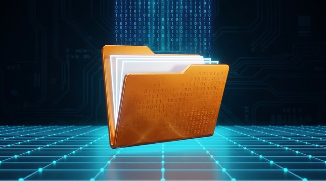 Golden digital folder icon containing binary data floating above glowing blue tech grid representing cloud storage and secure file management technology in modern computing 3D render