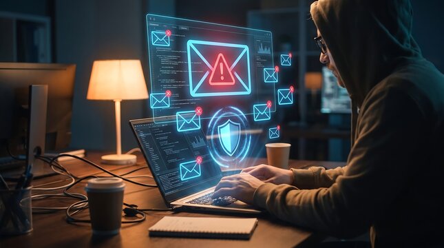 Software developer in hoodie monitoring server logs on laptop at night with blue holographic shield and incoming email icons representing email filtering and malware protection
