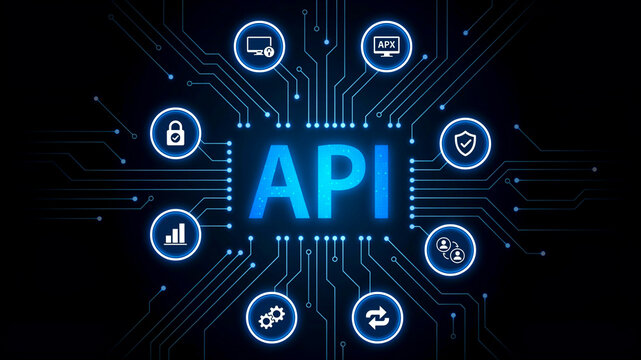 Futuristic Application Programming Interface Concept with Glowing Blue Circuitry and Data Connectivity Icons