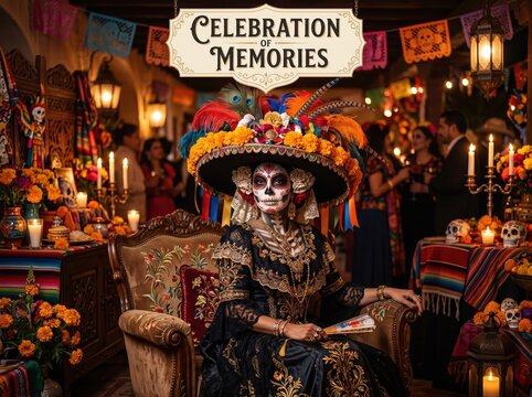 Traditional festival skeleton figure in vibrant parade. Handcrafted decorative costume for cultural celebration event.