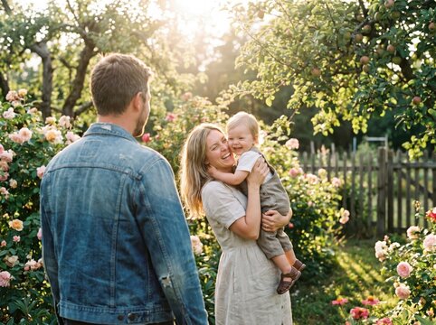 Family portrait in a blooming garden. Parents with their toddler enjoying summer outdoors.