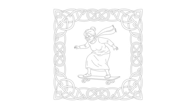 Grandmother skateboarding against decorative border, line art illustration