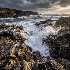 Fototapeta premium Dramatic ocean waves crashing on rocky coast, stormy sea water splashing on dark volcanic rocks, moody coastal landscape under cloudy sky