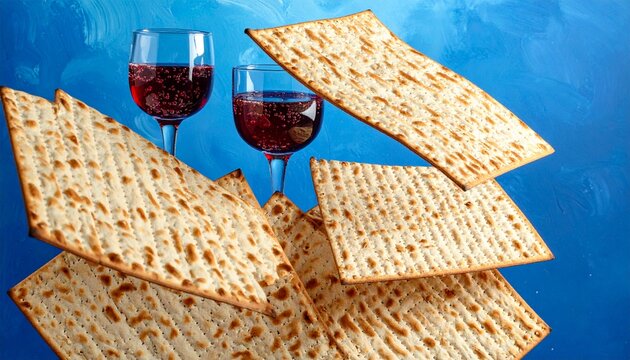 Unleavened bread wafers and glasses of red wine arranged for a traditional spring holiday feast, evoking ancient customs and family gatherings