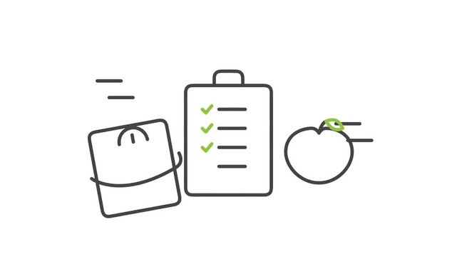 Animated flat vector illustration of weight scale clipboard checklist and apple for healthy diet plan