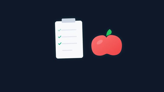 Flat vector animation of a clipboard and red apple with checkmarks appearing for nutrition and health planning