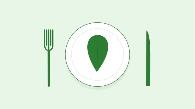 Flat design animation of a green leaf on a white plate with cutlery for vegan lifestyle